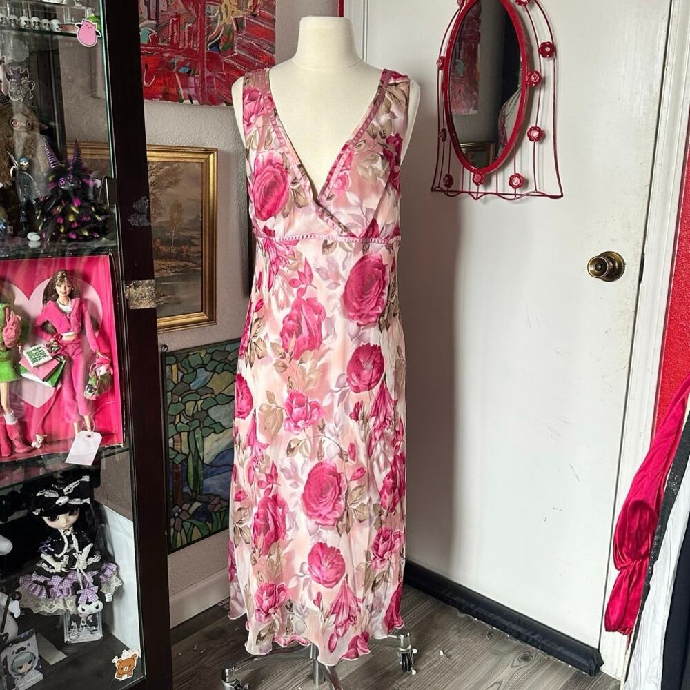 meghan matthews pink and brown floral maxi dress
